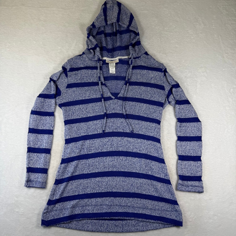 La Blanca Blue White Striped Hooded Tunic Sweater LB6BT34 Womens XS
